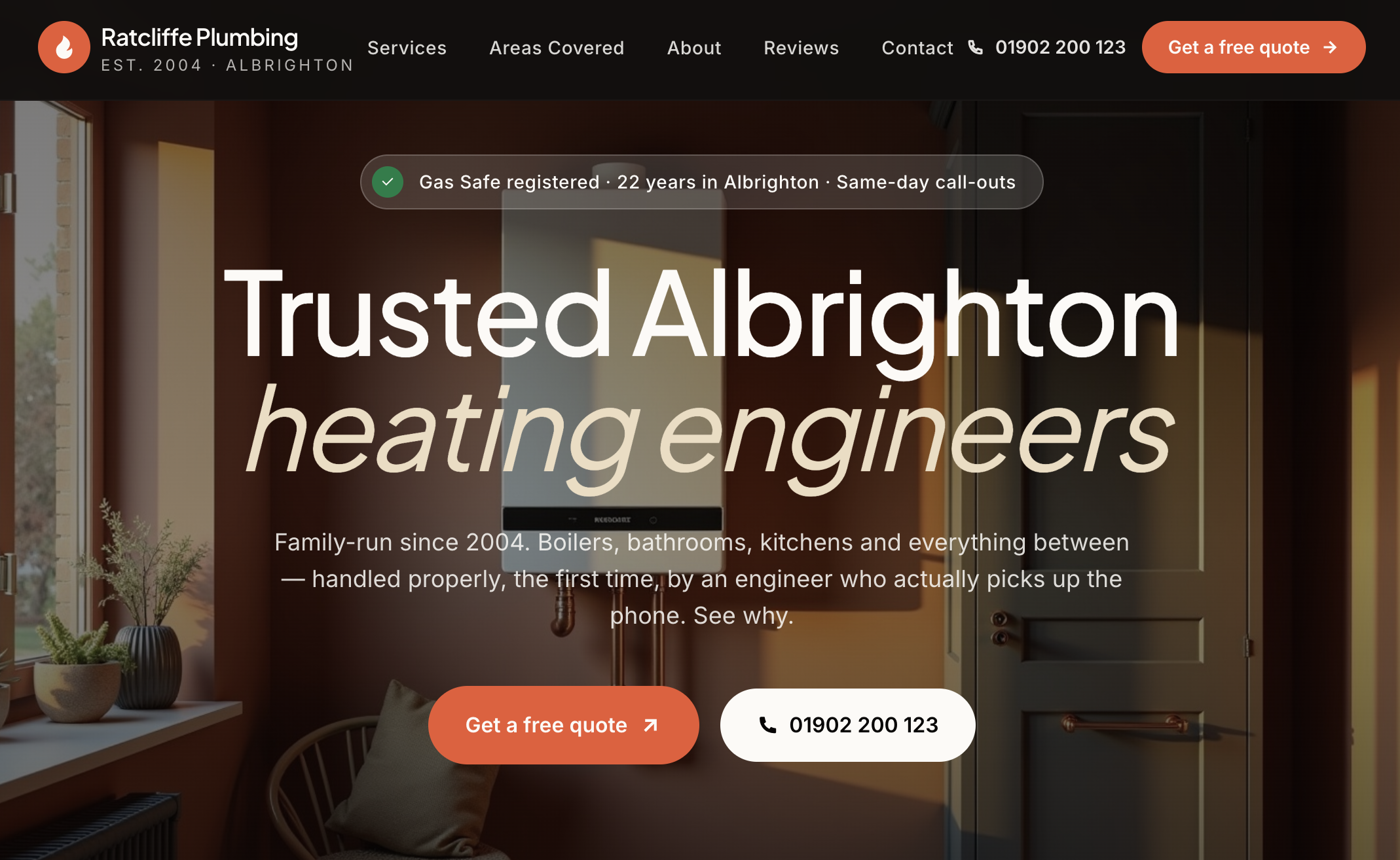 Professional heating engineer website shown on desktop